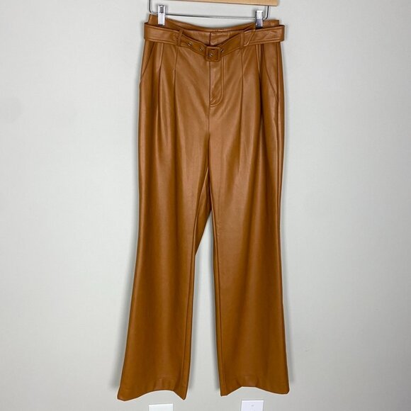 7 For All Mankind Faux Vegan Leather Belted Wide Leg Pants Trousers Camel Color - Picture 1 of 6